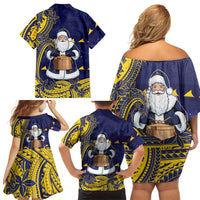 Tokelau Christmas Family Matching Off Shoulder Short Dress and Hawaiian Shirt Santa With Tuluma Xmas Tribal Waves - Polynesian Pride