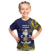 Tokelau Christmas Kid T Shirt Santa With Tuluma Xmas Tribal Waves DT05 Navy - Polynesian Pride