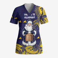 Tokelau Christmas Scrub Top Santa With Tuluma Xmas Tribal Waves - Polynesian Pride
