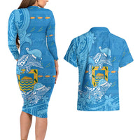 Tuvalu Christmas Couples Matching Long Sleeve Bodycon Dress and Hawaiian Shirt Dolphins Santa Xmas Tribal Waves - Polynesian Pride