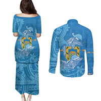 Tuvalu Christmas Couples Matching Puletasi and Long Sleeve Button Shirt Dolphins Santa Xmas Tribal Waves DT05 - Polynesian Pride