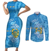 Tuvalu Christmas Couples Matching Short Sleeve Bodycon Dress and Long Sleeve Button Shirt Dolphins Santa Xmas Tribal Waves DT05 Blue - Polynesian Pride