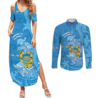 Tuvalu Christmas Couples Matching Summer Maxi Dress and Long Sleeve Button Shirt Dolphins Santa Xmas Tribal Waves DT05 Blue - Polynesian Pride