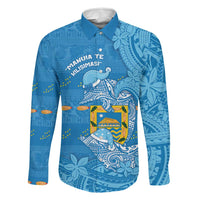 Tuvalu Christmas Family Matching Off The Shoulder Long Sleeve Dress and Hawaiian Shirt Dolphins Santa Xmas Tribal Waves DT05 Dad's Shirt - Long Sleeve Blue - Polynesian Pride