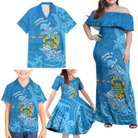 Tuvalu Christmas Family Matching Off Shoulder Maxi Dress and Hawaiian Shirt Dolphins Santa Xmas Tribal Waves - Polynesian Pride