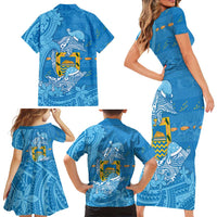 Tuvalu Christmas Family Matching Short Sleeve Bodycon Dress and Hawaiian Shirt Dolphins Santa Xmas Tribal Waves - Polynesian Pride