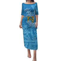 Tuvalu Christmas Puletasi Dolphins Santa Xmas Tribal Waves DT05 Long Dress Blue - Polynesian Pride