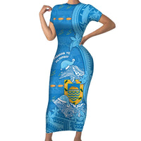 Tuvalu Christmas Short Sleeve Bodycon Dress Dolphins Santa Xmas Tribal Waves DT05 Long Dress Blue - Polynesian Pride