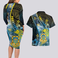 Personalised Tuvalu Couples Matching Long Sleeve Bodycon Dress and Hawaiian Shirt Dolphin On The Waves DT05 - Polynesian Pride