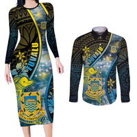 Personalised Tuvalu Couples Matching Long Sleeve Bodycon Dress and Long Sleeve Button Shirt Dolphin On The Waves DT05 Blue - Polynesian Pride