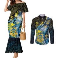 Personalised Tuvalu Couples Matching Mermaid Dress and Long Sleeve Button Shirt Dolphin On The Waves DT05 Blue - Polynesian Pride