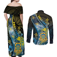 Personalised Tuvalu Couples Matching Off Shoulder Maxi Dress and Long Sleeve Button Shirt Dolphin On The Waves DT05 - Polynesian Pride