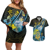 Personalised Tuvalu Couples Matching Off Shoulder Short Dress and Hawaiian Shirt Dolphin On The Waves DT05 Blue - Polynesian Pride