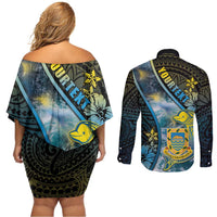 Personalised Tuvalu Couples Matching Off Shoulder Short Dress and Long Sleeve Button Shirt Dolphin On The Waves DT05 - Polynesian Pride