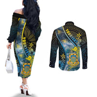 Personalised Tuvalu Couples Matching Off The Shoulder Long Sleeve Dress and Long Sleeve Button Shirt Dolphin On The Waves