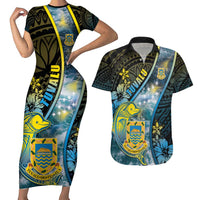 Personalised Tuvalu Couples Matching Short Sleeve Bodycon Dress and Hawaiian Shirt Dolphin On The Waves DT05 Blue - Polynesian Pride
