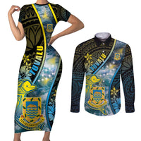 Personalised Tuvalu Couples Matching Short Sleeve Bodycon Dress and Long Sleeve Button Shirt Dolphin On The Waves DT05 Blue - Polynesian Pride