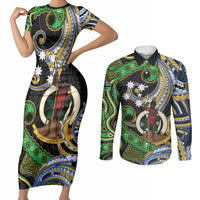 South Sea Islanders And Vanuatu Couples Matching Short Sleeve Bodycon Dress and Long Sleeve Button Shirt Boar Tusk Warrior Southern Tribal Pattern DT05 Black - Polynesian Pride
