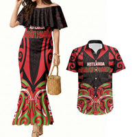 Custom Aotearoa Ngati Maru Couples Matching Mermaid Dress and Hawaiian Shirt New Zealand Traditional Maori Pattern DT05 Red - Polynesian Pride