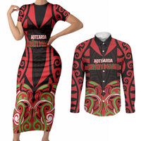 Custom Aotearoa Ngati Maru Couples Matching Short Sleeve Bodycon Dress and Long Sleeve Button Shirt New Zealand Traditional Maori Pattern DT05 Red - Polynesian Pride