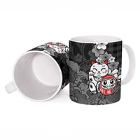 Black Palaka Hawaiian And Japanese Ceramic Mug Maneki Neko And Sakura Bloom DT05 - Polynesian Pride