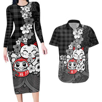 Black Palaka Hawaiian And Japanese Couples Matching Long Sleeve Bodycon Dress and Hawaiian Shirt Maneki Neko And Sakura Bloom