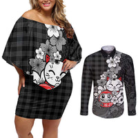 Black Palaka Hawaiian And Japanese Couples Matching Off Shoulder Short Dress and Long Sleeve Button Shirt Maneki Neko And Sakura Bloom