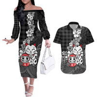 Black Palaka Hawaiian And Japanese Couples Matching Off The Shoulder Long Sleeve Dress and Hawaiian Shirt Maneki Neko And Sakura Bloom