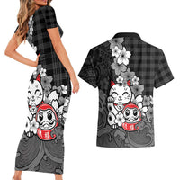 Black Palaka Hawaiian And Japanese Couples Matching Short Sleeve Bodycon Dress and Hawaiian Shirt Maneki Neko And Sakura Bloom