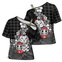 Black Palaka Hawaiian And Japanese Cross Shoulder Shirt Maneki Neko And Sakura Bloom DT05 - Polynesian Pride