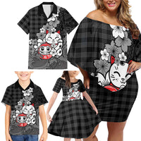Black Palaka Hawaiian And Japanese Family Matching Off Shoulder Short Dress and Hawaiian Shirt Maneki Neko And Sakura Bloom