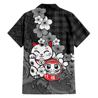 Black Palaka Hawaiian And Japanese Family Matching Off Shoulder Short Dress and Hawaiian Shirt Maneki Neko And Sakura Bloom