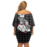 Black Palaka Hawaiian And Japanese Family Matching Off Shoulder Short Dress and Hawaiian Shirt Maneki Neko And Sakura Bloom
