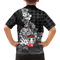 Black Palaka Hawaiian And Japanese Family Matching Puletasi and Hawaiian Shirt Maneki Neko And Sakura Bloom