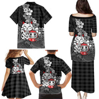 Black Palaka Hawaiian And Japanese Family Matching Puletasi and Hawaiian Shirt Maneki Neko And Sakura Bloom
