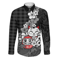 Black Palaka Hawaiian And Japanese Family Matching Short Sleeve Bodycon Dress and Hawaiian Shirt Maneki Neko And Sakura Bloom
