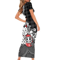 Black Palaka Hawaiian And Japanese Family Matching Short Sleeve Bodycon Dress and Hawaiian Shirt Maneki Neko And Sakura Bloom