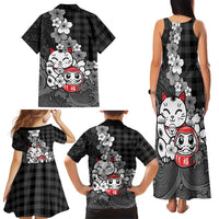 Black Palaka Hawaiian And Japanese Family Matching Tank Maxi Dress and Hawaiian Shirt Maneki Neko And Sakura Bloom