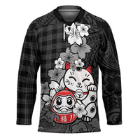 Black Palaka Hawaiian And Japanese Hockey Jersey Maneki Neko And Sakura Bloom DT05 Unisex Black - Polynesian Pride
