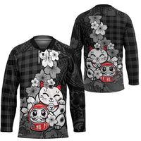 Black Palaka Hawaiian And Japanese Hockey Jersey Maneki Neko And Sakura Bloom DT05 - Polynesian Pride