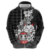 Black Palaka Hawaiian And Japanese Hoodie Maneki Neko And Sakura Bloom DT05 - Polynesian Pride