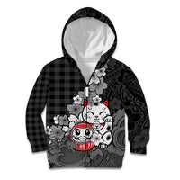 Black Palaka Hawaiian And Japanese Kid Hoodie Maneki Neko And Sakura Bloom DT05 Zip Hoodie Black - Polynesian Pride