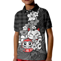 Black Palaka Hawaiian And Japanese Kid Polo Shirt Maneki Neko And Sakura Bloom
