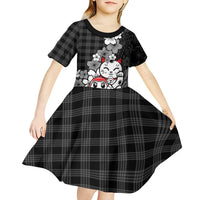 Black Palaka Hawaiian And Japanese Kid Short Sleeve Dress Maneki Neko And Sakura Bloom DT05 - Polynesian Pride