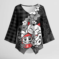 Black Palaka Hawaiian And Japanese Kimono Sleeve Blouse Maneki Neko And Sakura Bloom DT05 Female Black - Polynesian Pride