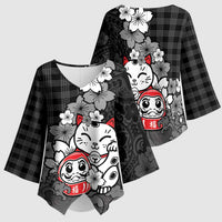 Black Palaka Hawaiian And Japanese Kimono Sleeve Blouse Maneki Neko And Sakura Bloom DT05 - Polynesian Pride