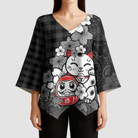 Black Palaka Hawaiian And Japanese Kimono Sleeve Blouse Maneki Neko And Sakura Bloom DT05 - Polynesian Pride