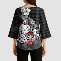 Black Palaka Hawaiian And Japanese Kimono Sleeve Blouse Maneki Neko And Sakura Bloom DT05 - Polynesian Pride