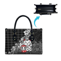 Black Palaka Hawaiian And Japanese Leather Bag Maneki Neko And Sakura Bloom DT05 - Polynesian Pride