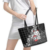 Black Palaka Hawaiian And Japanese Leather Tote Bag Maneki Neko And Sakura Bloom DT05 - Polynesian Pride